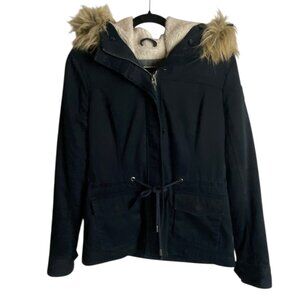 Abercombie & Fitch Med Jacket Military Utility Coat Fux Fur Sherpa Navy Blue Y2K